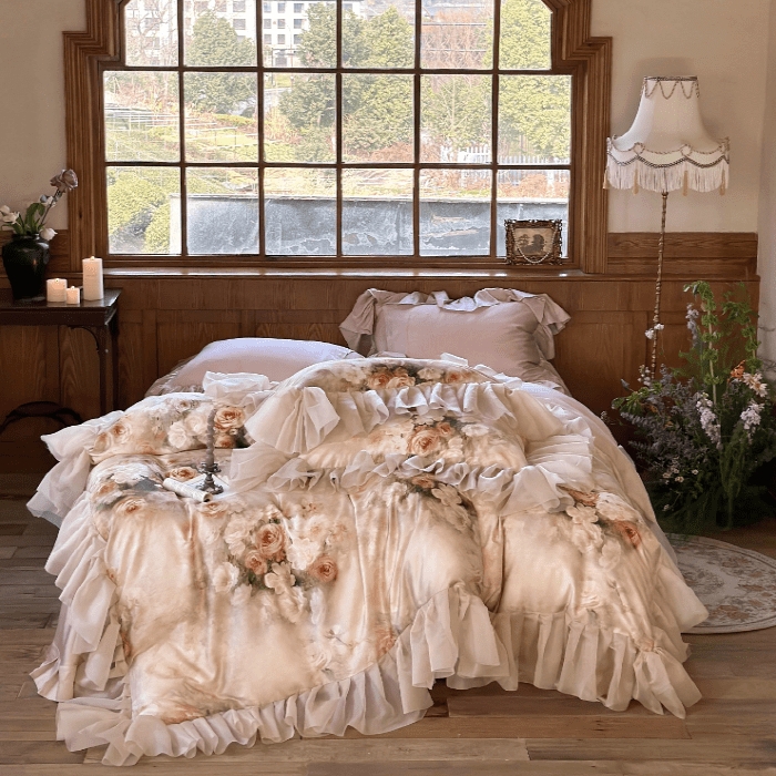 Bedding Set Cream Tiered Ruffles Floral Blossom