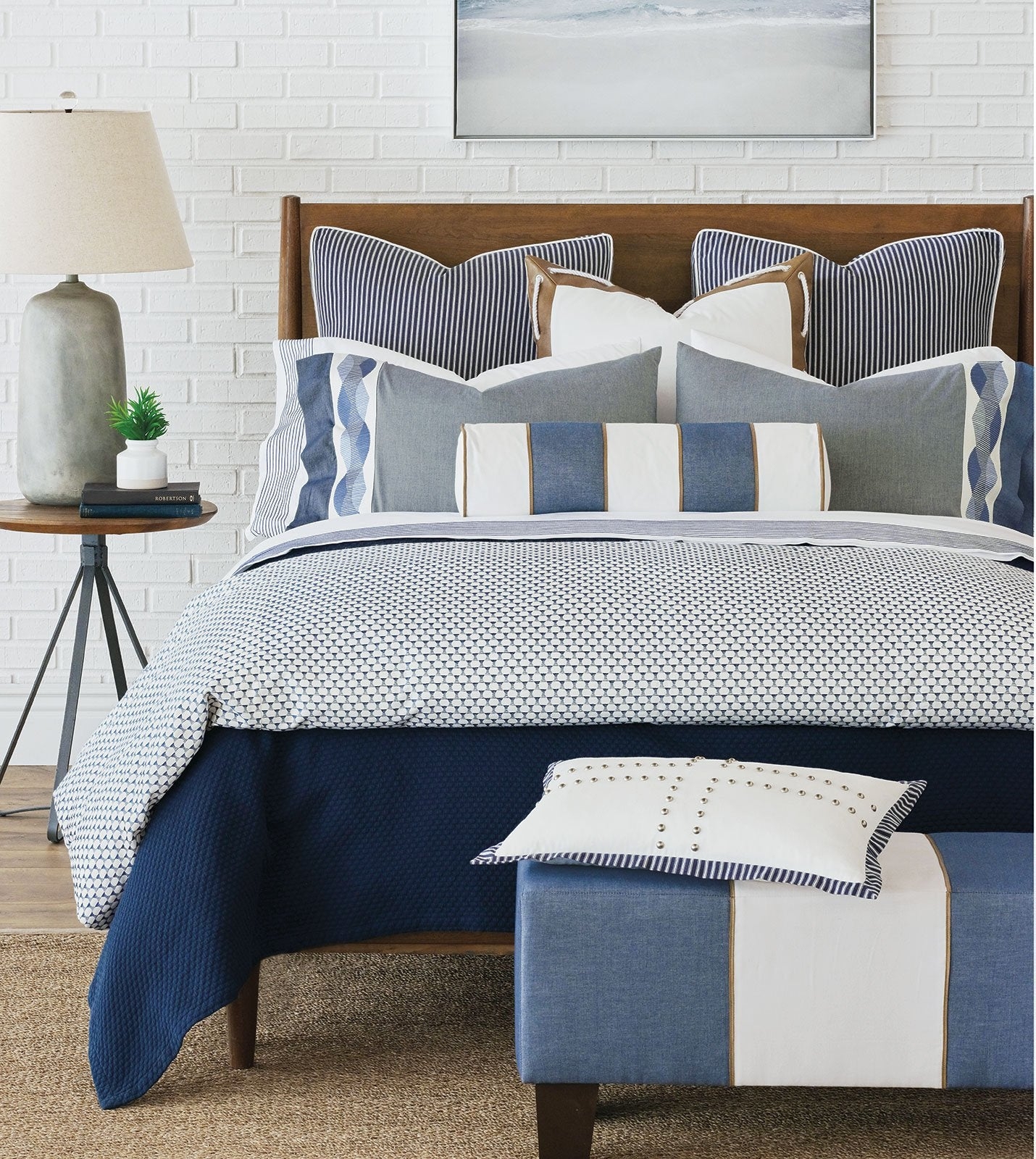 Bedding Set Denim Textures Navy White Coastal Stripes