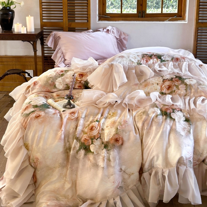 Bedding Set Dusty Mauve Tiered Ruffles Cottagecore