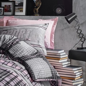 Bedding Set: Graphic Typography Pink and Grey Plaid Urban Loft Style