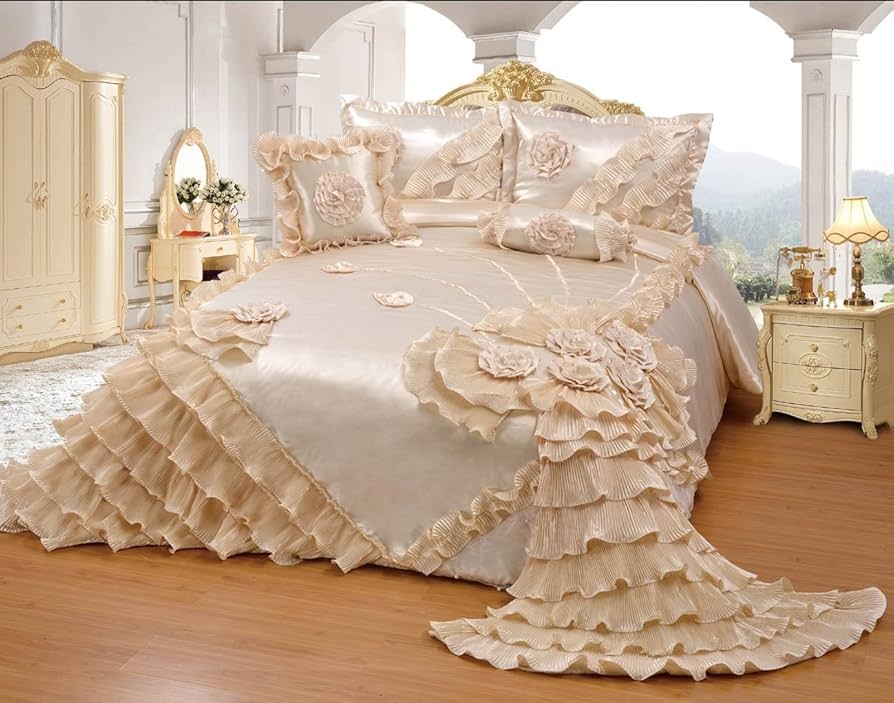 Bedding Set Ivory Cascading Ruffles Fabric Rosettes