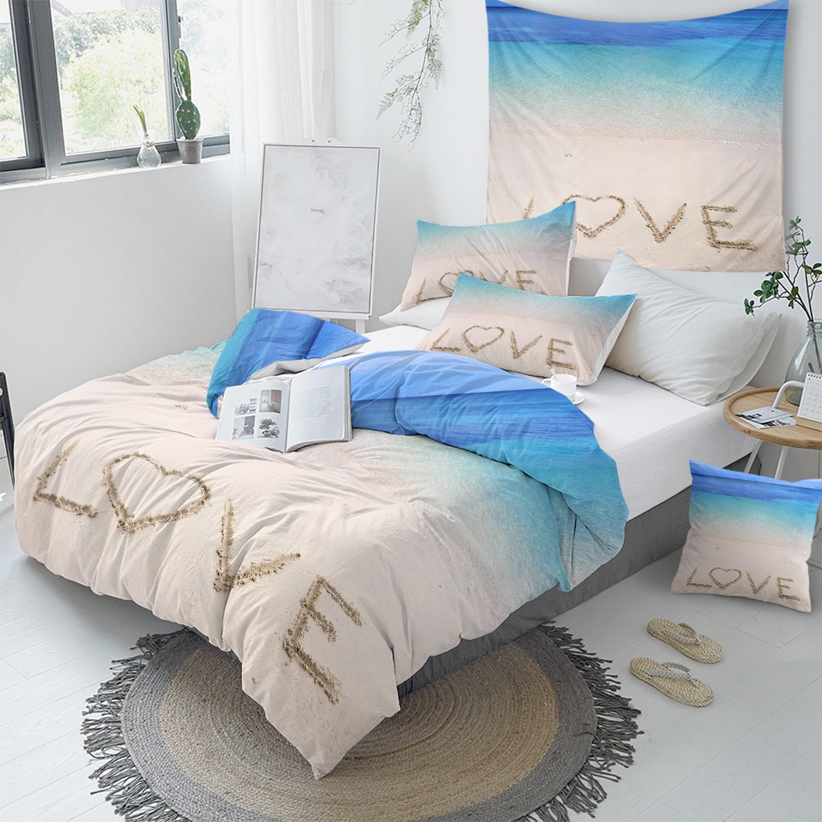 Bedding Set Love Script Beach Sand Print Ocean Blue