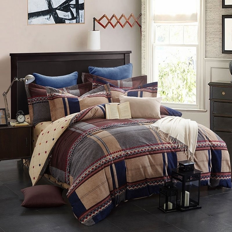 Bedding Set: Masculine Oversized Plaid and Embroidered Trim Duvet