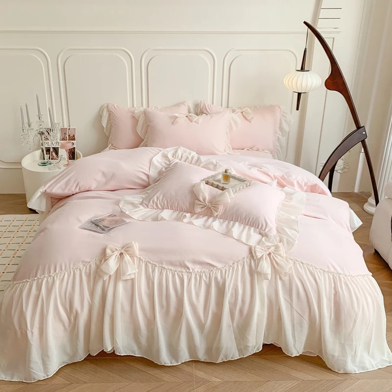 Bedding Set Pale Peach Layered Ruffles Chiffon Bows