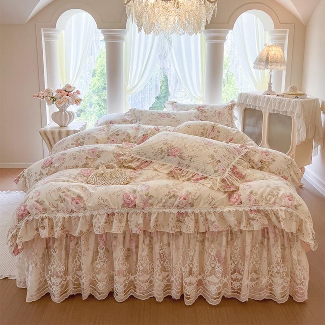 Bedding Set Pastel Rose Tiered Lace Bedskirt Floral
