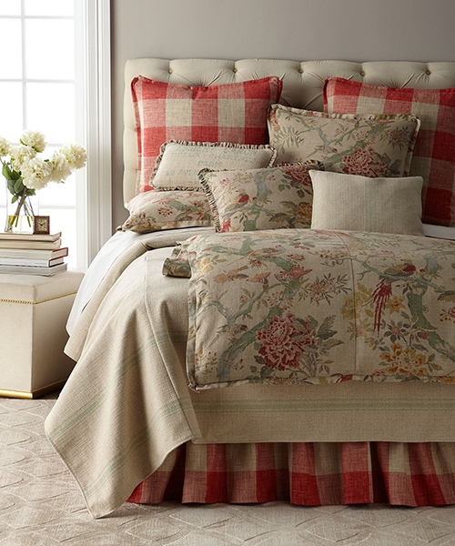 Bedding Set Red Buffalo Check Mix Bird Print Toile