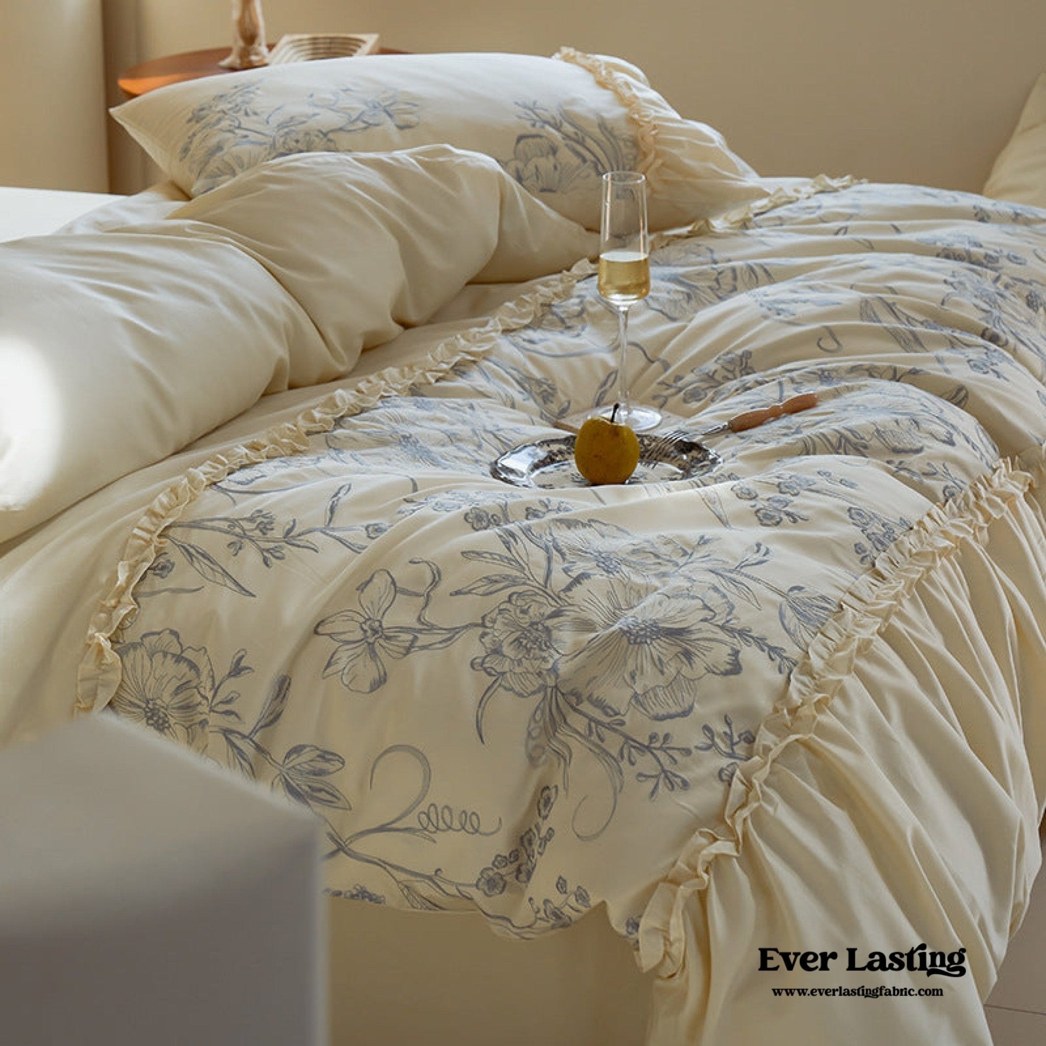 Bedding Set Ruffled Trim Botanical Cotton Duvet Set