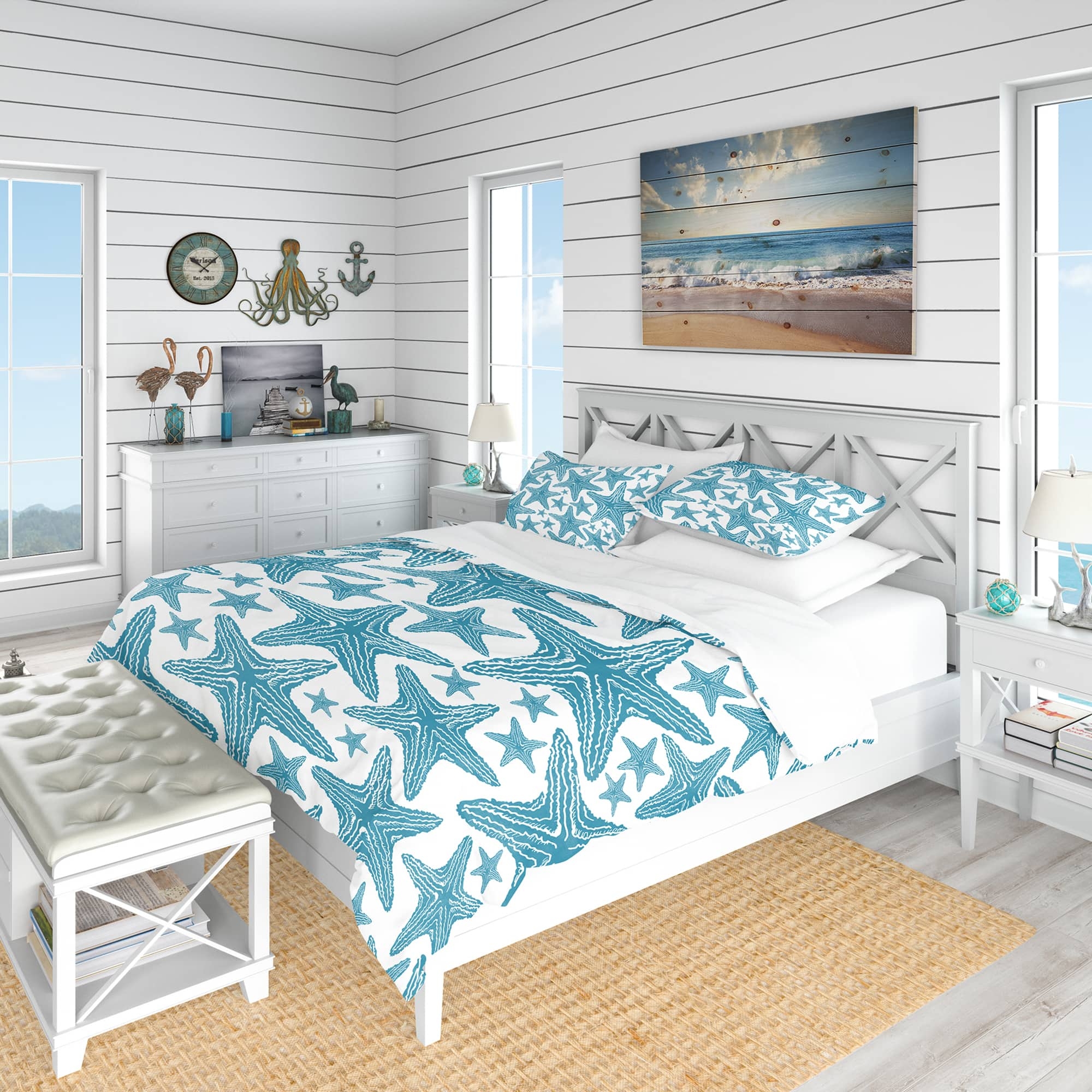 Bedding Set Starfish Pattern and Turquoise Blue Accents