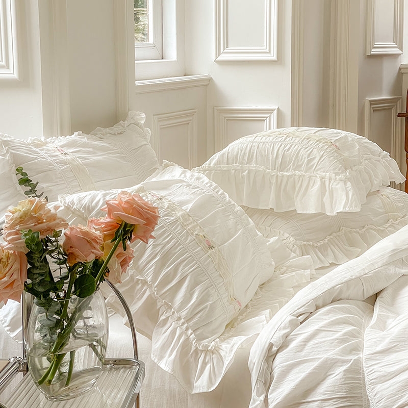 Bedding Set White Pintucked Details Washed Cotton
