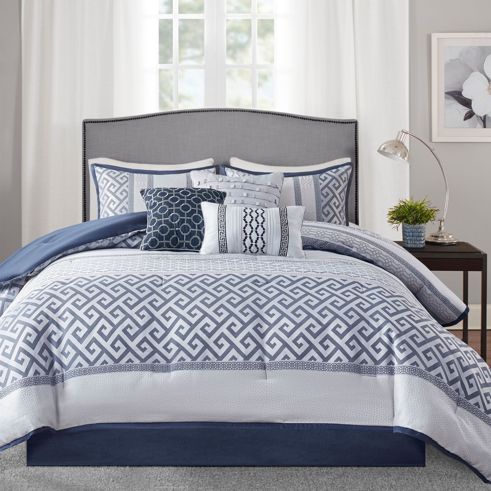 Bedding Set with Nailhead Trim and Contemporary Fretwork