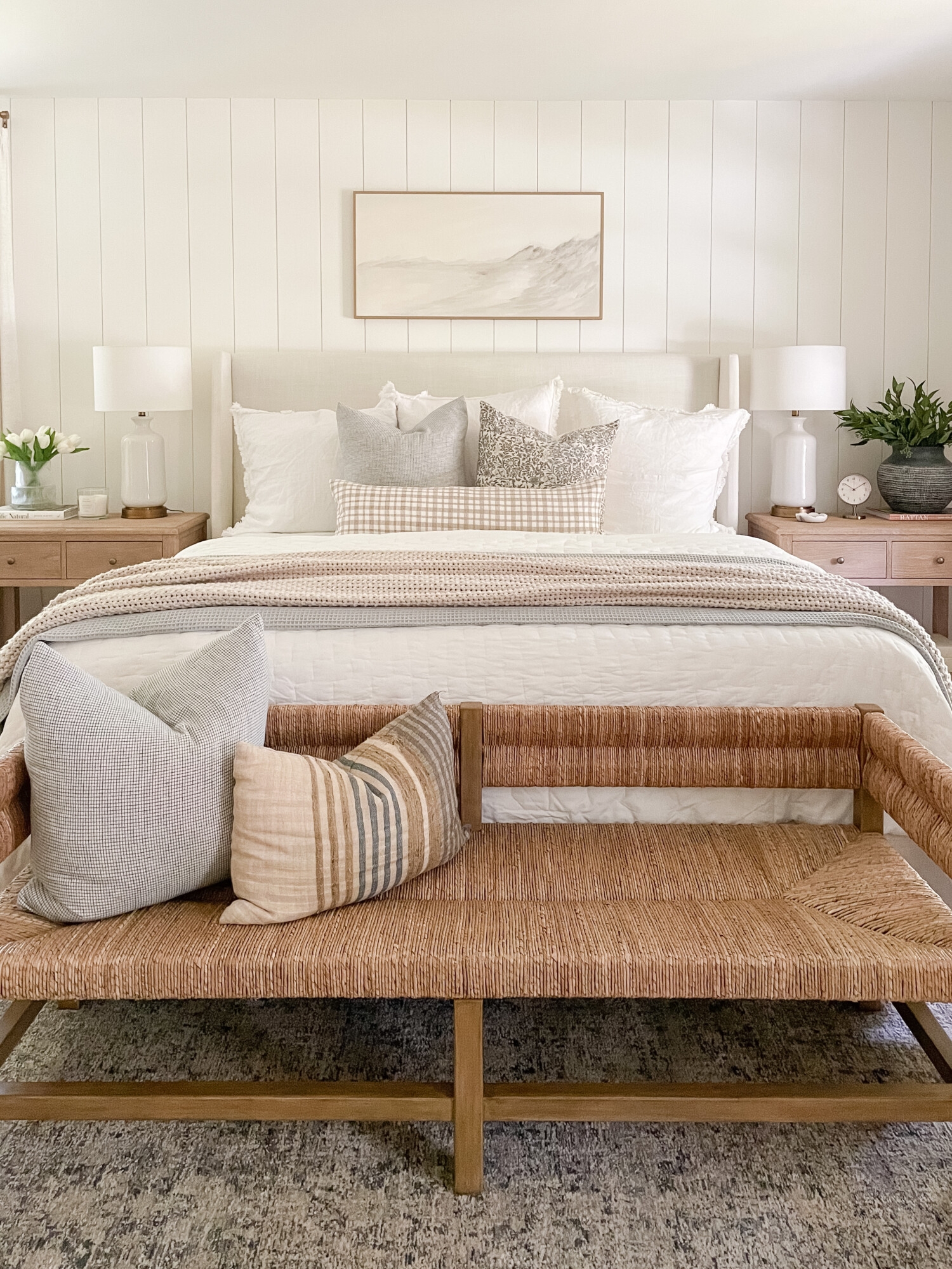 Bedroom Bench with Vertical Shiplap and Woven Natural Fiber