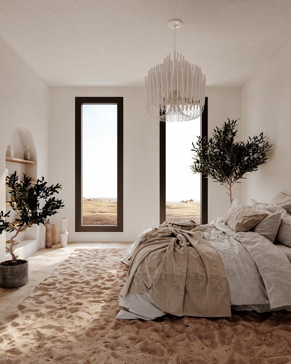 Bedroom Design with Sand Flooring and Sculptural Chandelier