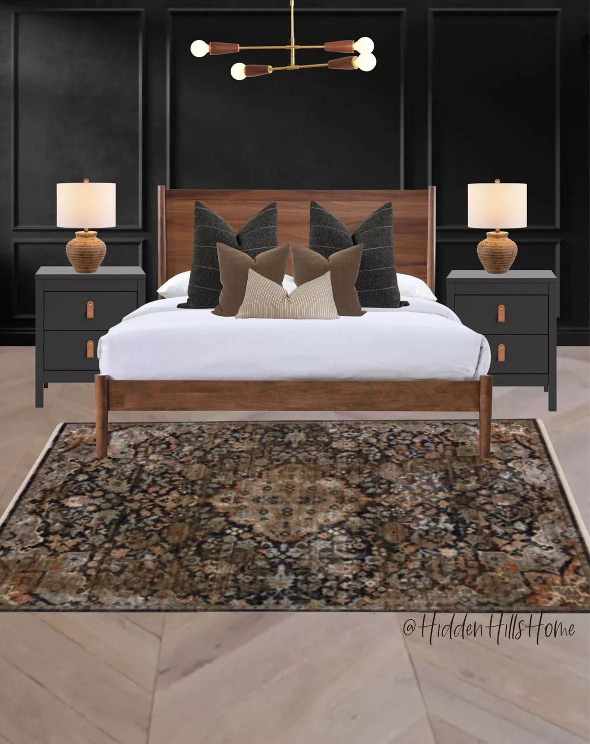 Bedroom Interior: Leather Pulls and Black Wainscoting Accent Wall