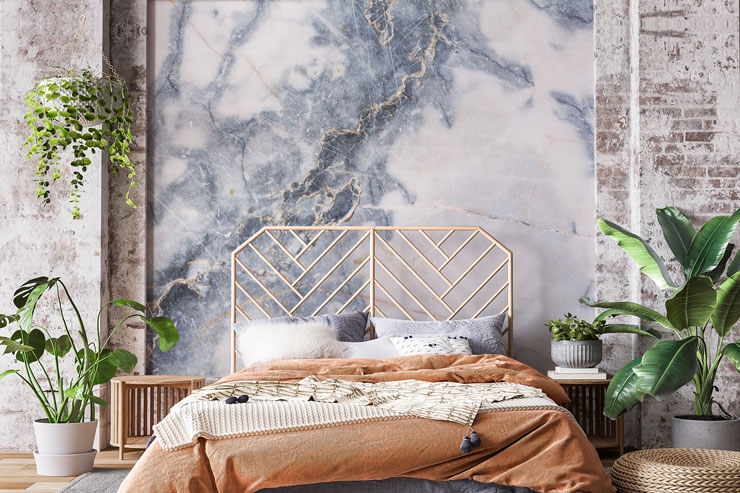 Bedroom Set Blue Marble Wall Mural with Geometric Headboard