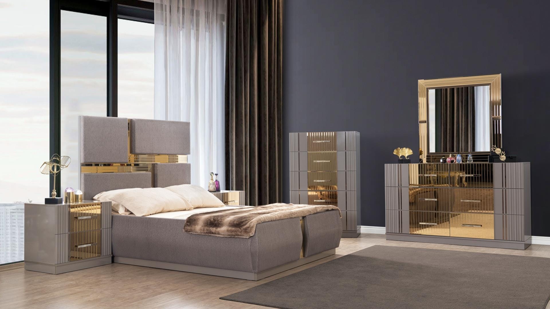 Bedroom Set containing Metallic Gold Accents and Sand Gray Finish