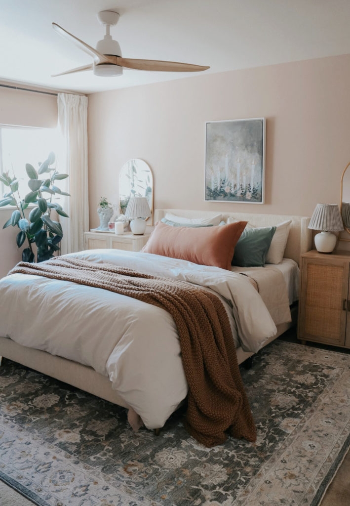 Bedroom Set featuring Terracotta Lumbar Pillow and Rattan Stand