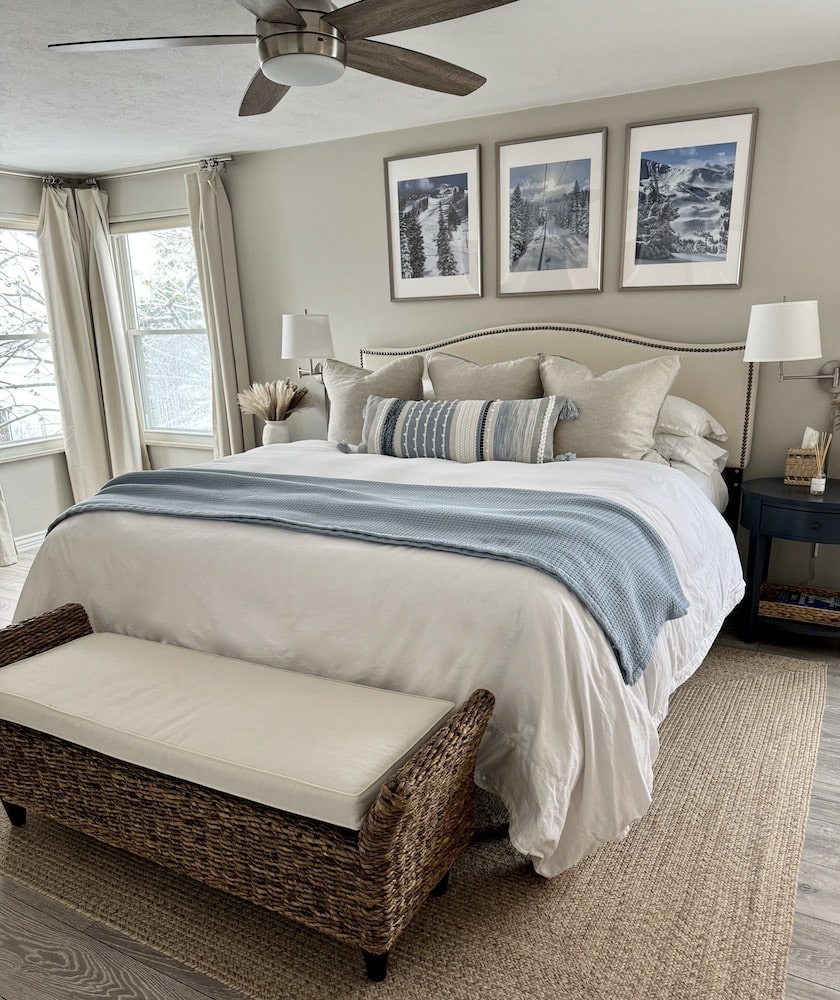 Bedroom Set featuring Woven Bench and Blue Accents