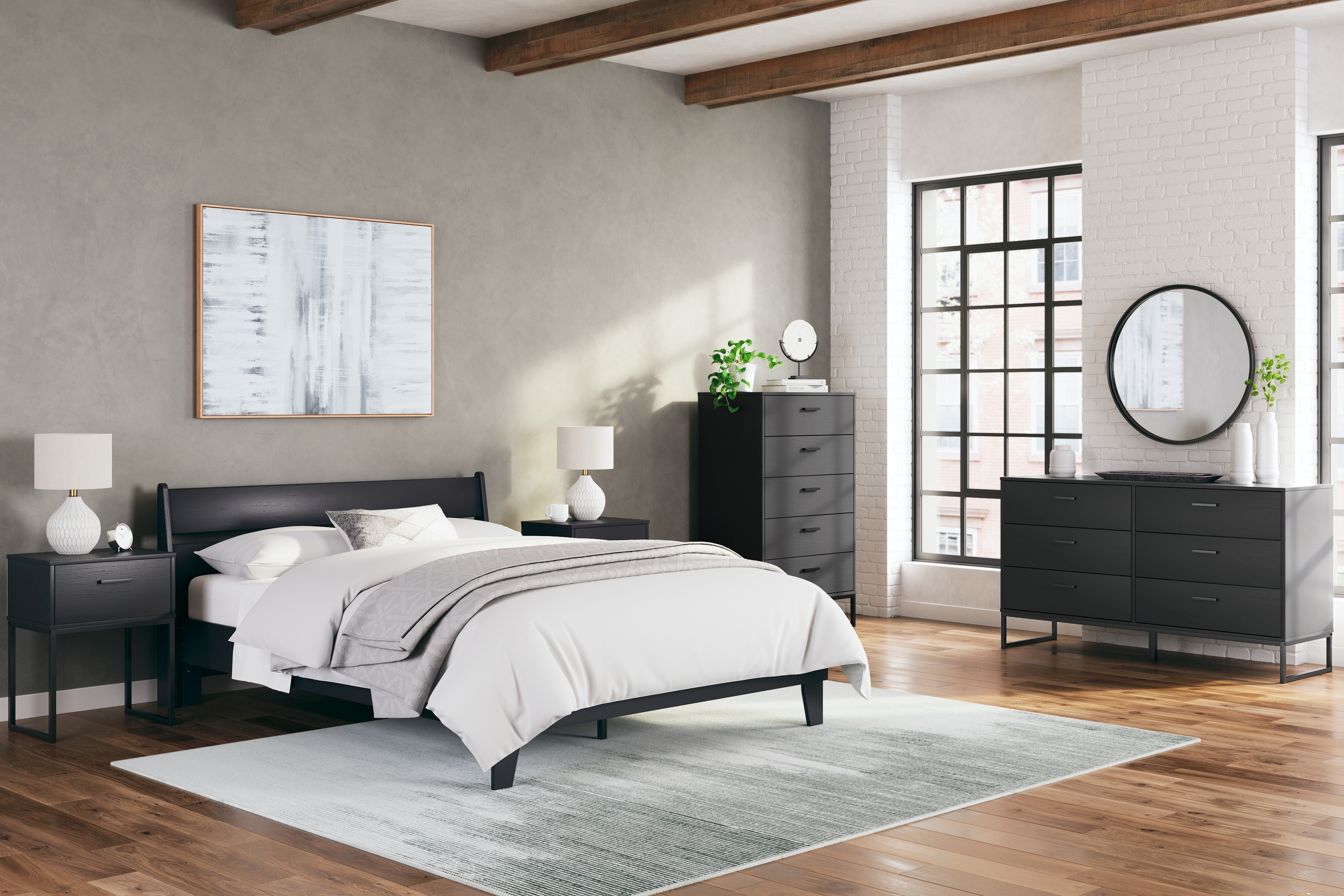 Bedroom Set: Matte Black Finish and Slim Metal Legs