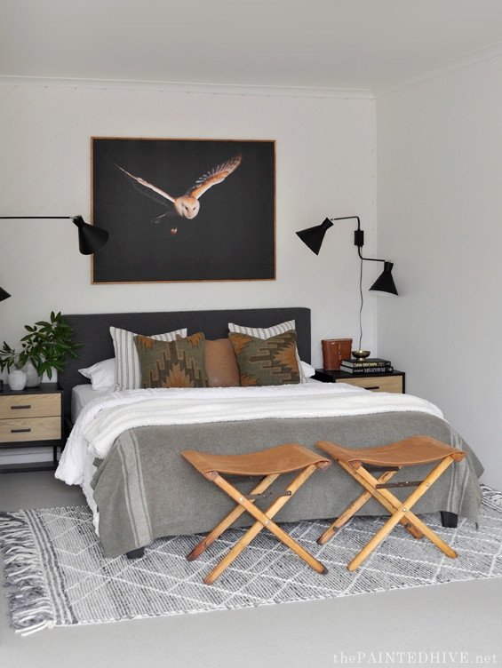 Bedroom Set: Owl Artwork Accents and Diagonal Shiplap Walls