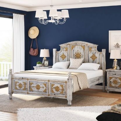 Bedroom Set Tudor Solid Wood with Distressed Whitewash
