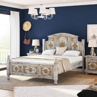 Bedroom Set Tudor Solid Wood with Distressed Whitewash
