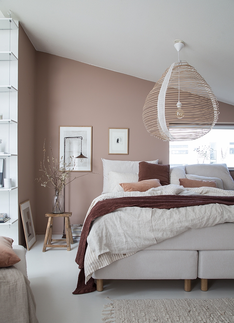 Bedroom Set using Oversized Rattan Pendant and Dusty Rose Wall