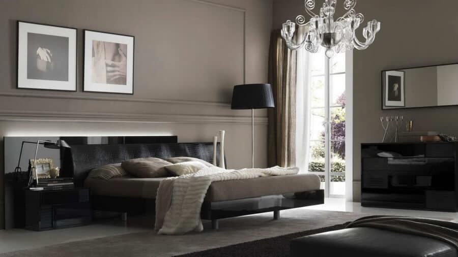 Bedroom Set: Warm Taupe Integrated LED and Glossy Black Bedroom Furniture