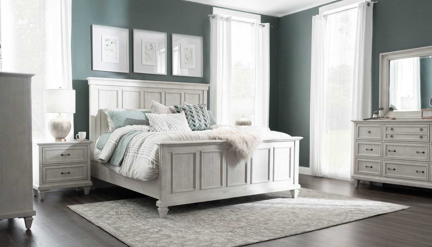 Bedroom Set Whitewashed Finish Recessed Paneled Bed
