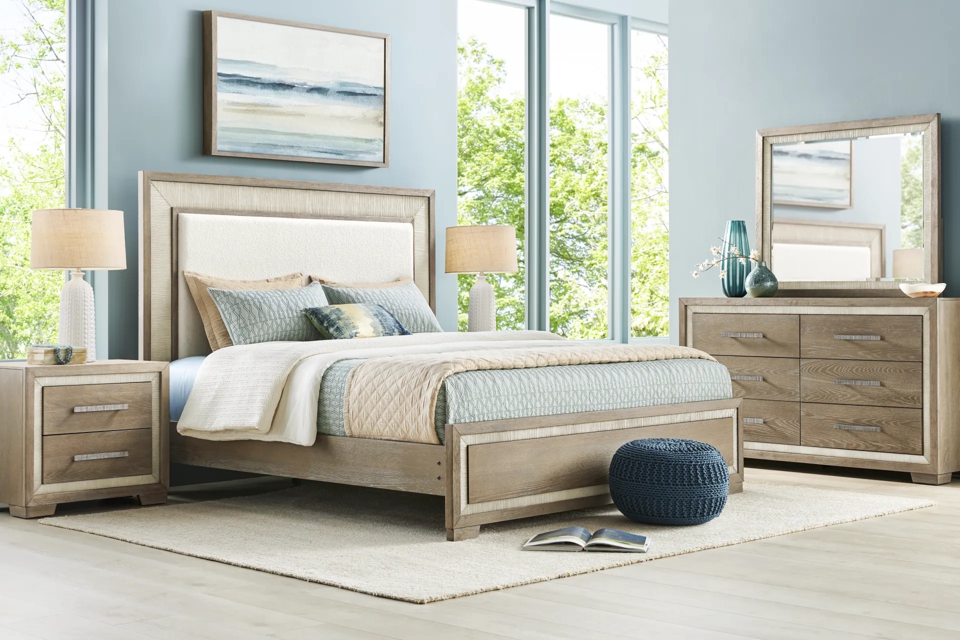 Bedroom Set with Earthy Finish and Inset Trim Details