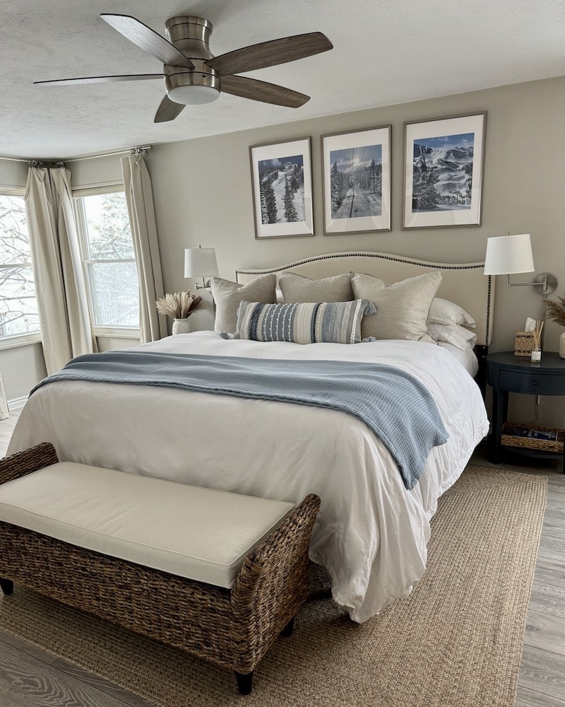 Bedroom Set with Landscape Art Trio and Woven Seagrass Bed Bench