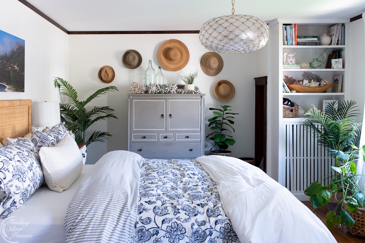 Bedroom Set with Woven Hat Wall Gallery and Scalloped Pendant Light