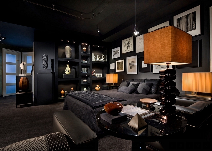 Bedroom Suite: Amber Glow Lighting and Dark Built-in Shelving Design