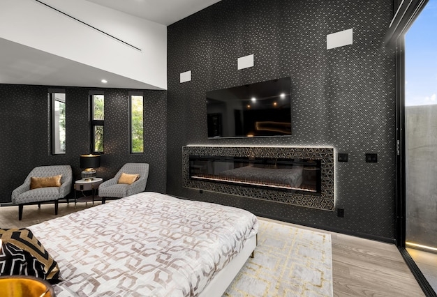 Bedroom Suite: Linear Fireplace and Black Geometric Wallpaper