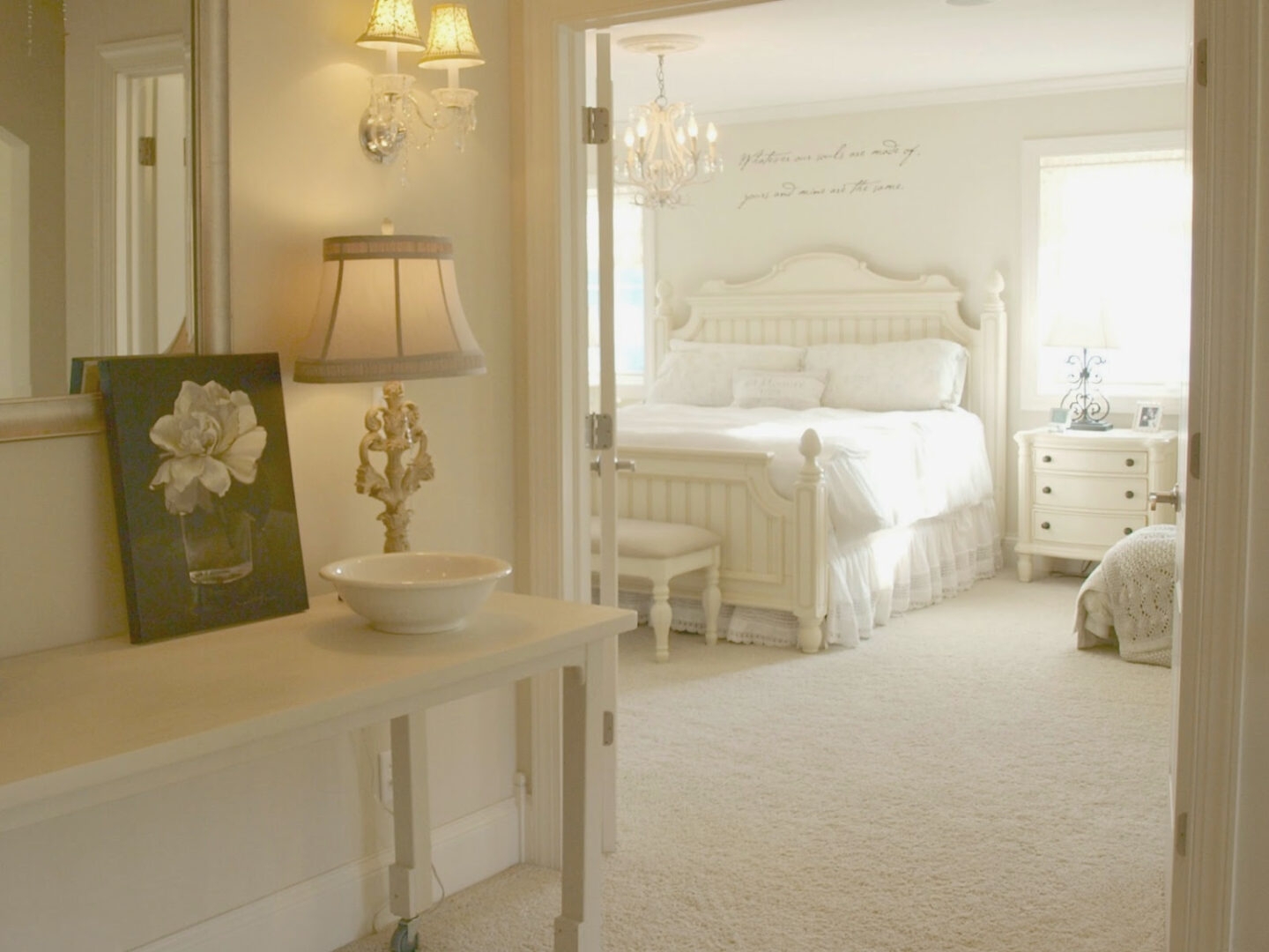 Bedroom Suite with Slatted Headboard and Monochromatic Palette