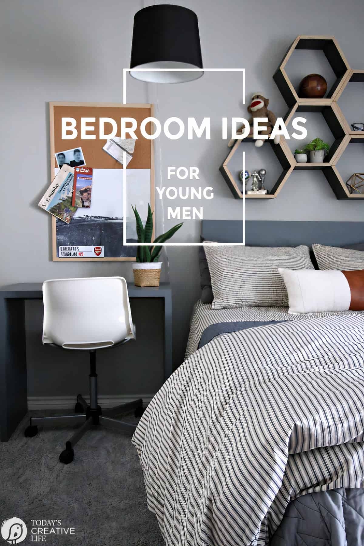 Bedroom Workspace: Hexagonal Honeycomb Wall Shelves and Navy Blue