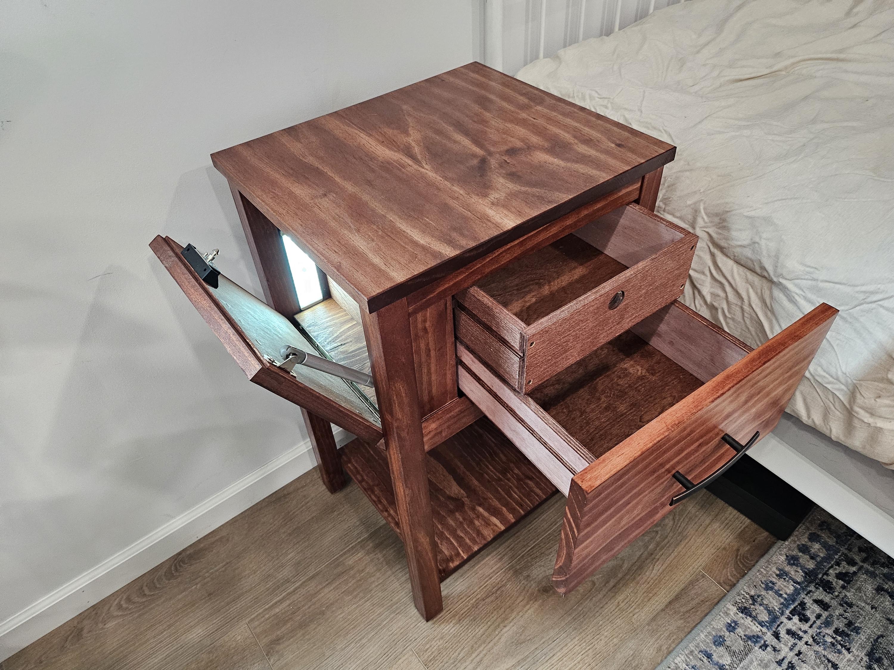 Bedside Table: Walnut Wood Integrated Lighting Compartment