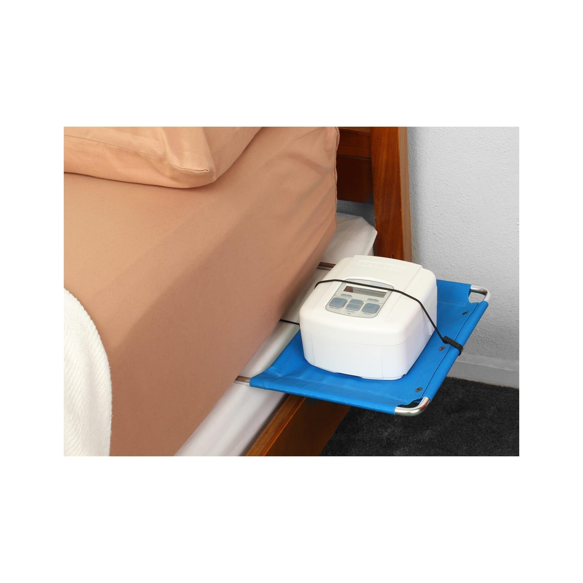Bedside Tray: Cobalt Blue Fabric Under-Mattress CPAP Shelf