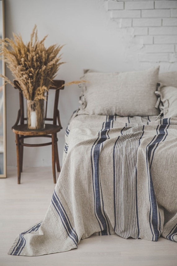 Bedspread Navy Stripes Linen Ticking Stripe Bedding