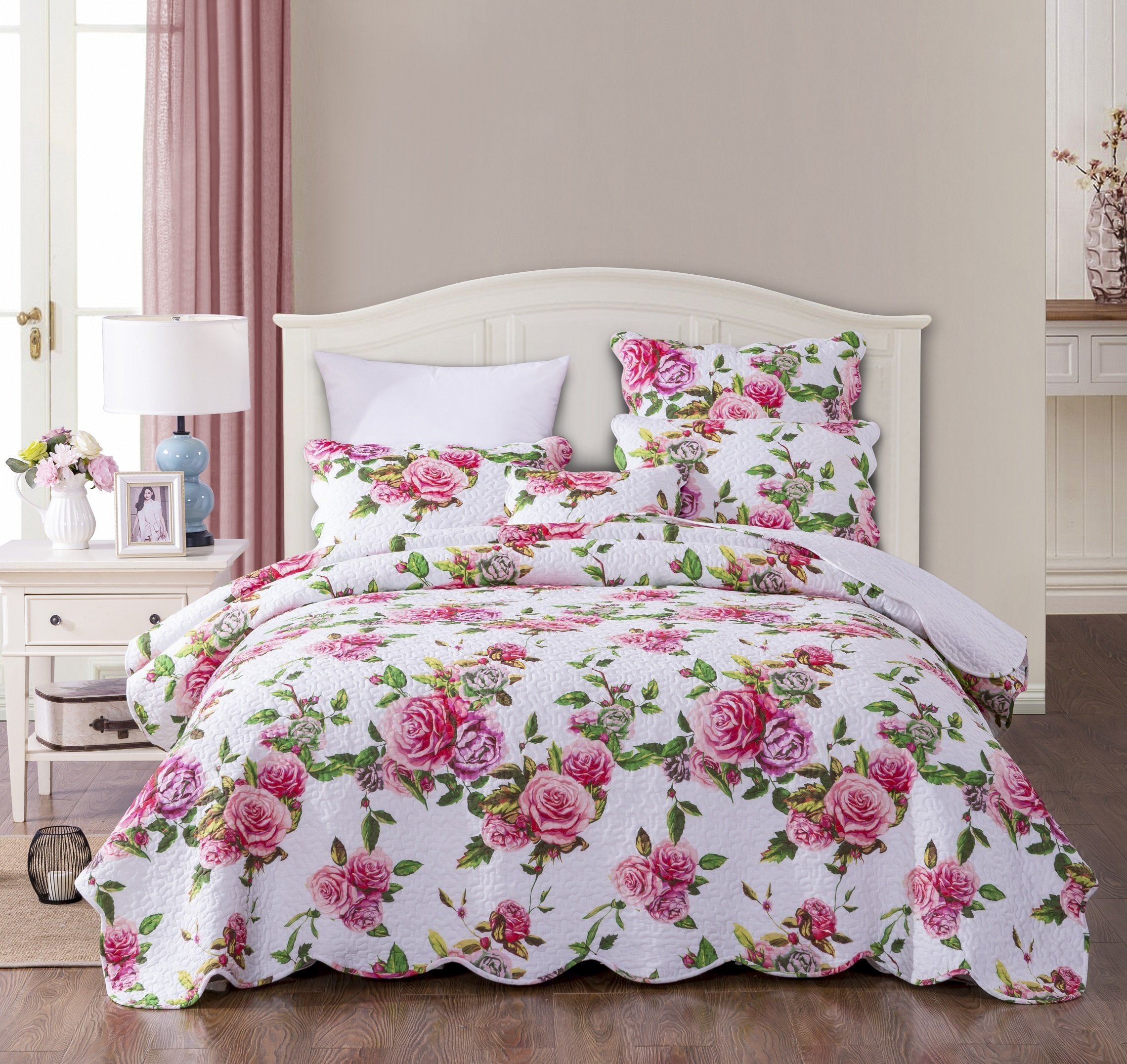 Bedspread Set Magenta Rose Scalloped Hem Vermicelli