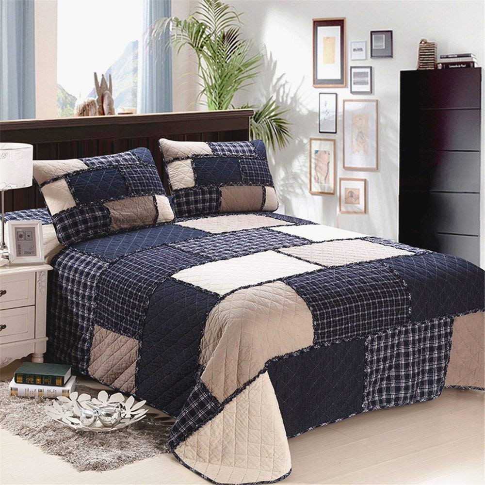 Bedspread Set: Navy Patchwork Raw Edge Detail Textured Quilt Style