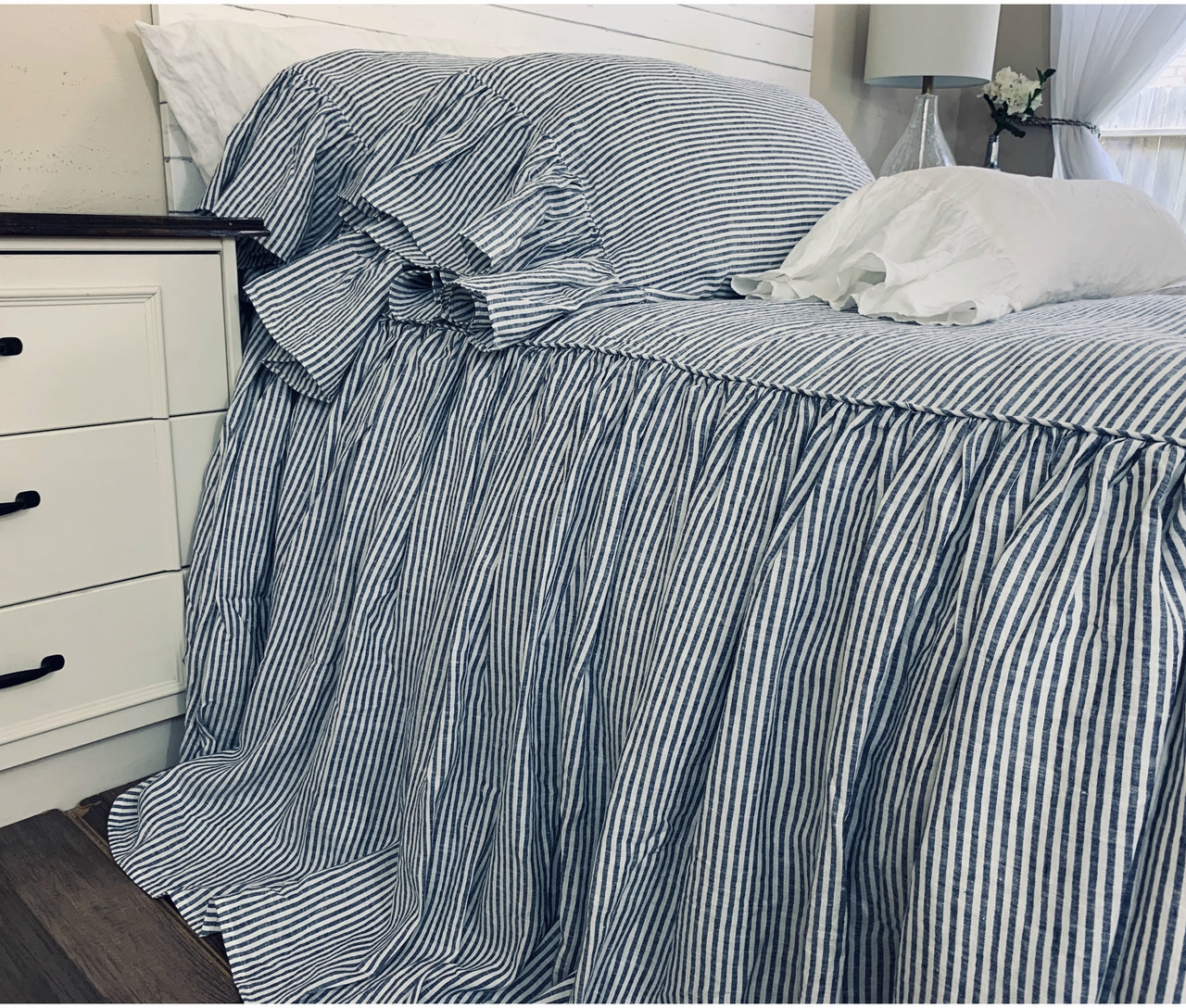 Bedspread with Ticking Stripes and Ruffled Drop Edge