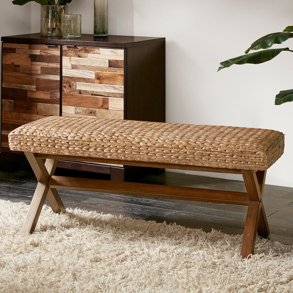 Bench with Braided Seat and X-Frame Natural Wood Legs