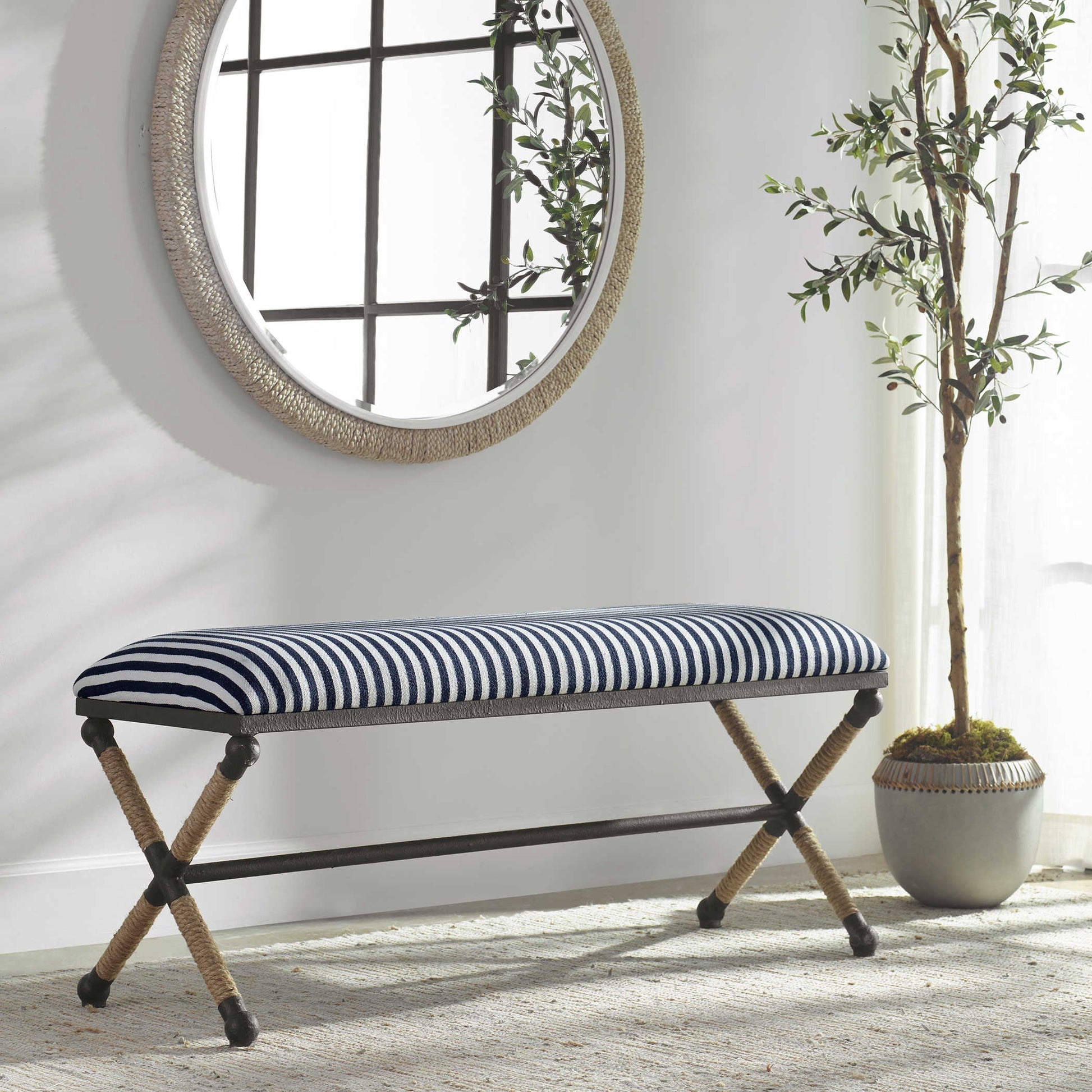 Bench with Navy Striped Upholstery and Rope Wrapped Legs