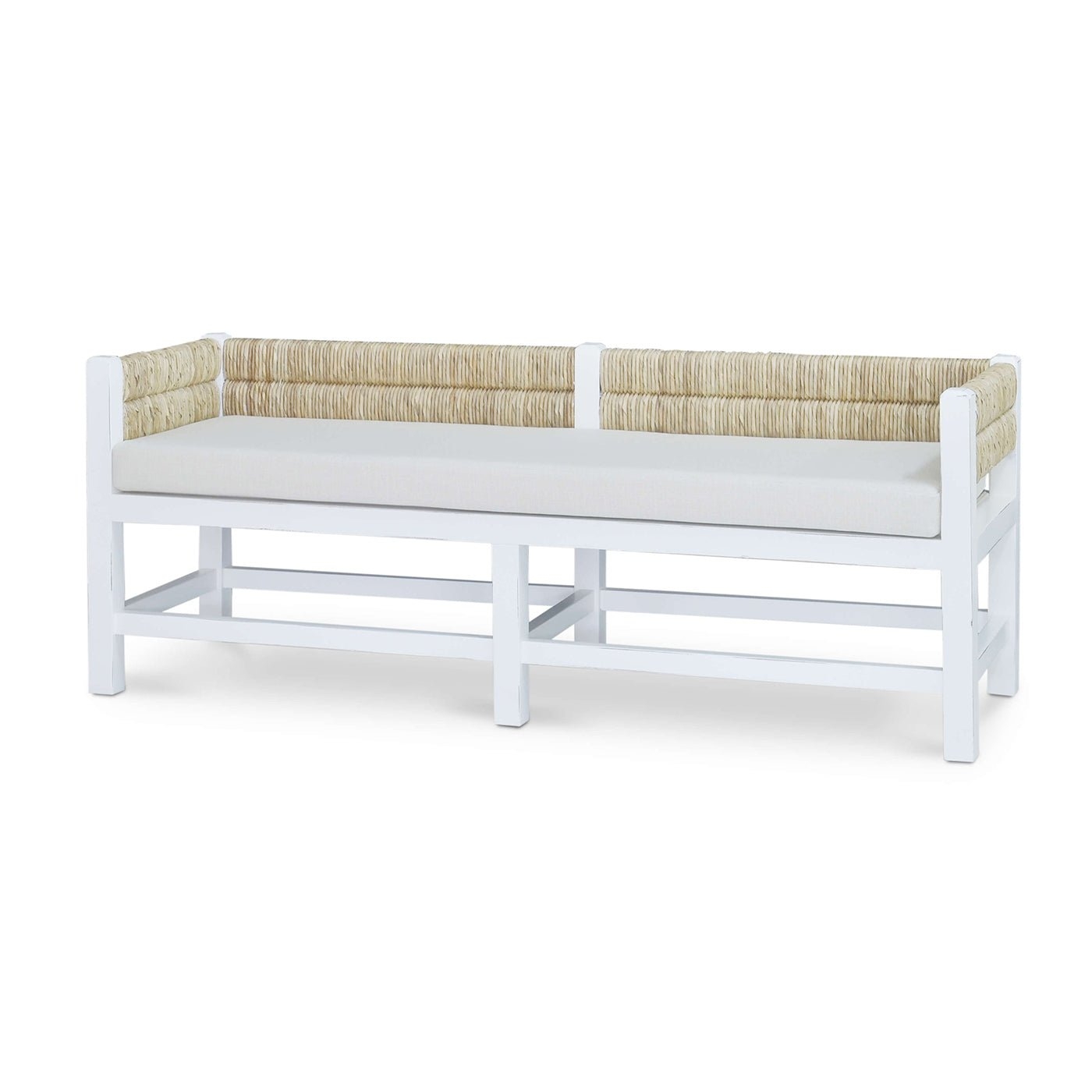 Bench with Woven Seagrass Back and Crisp White Finish