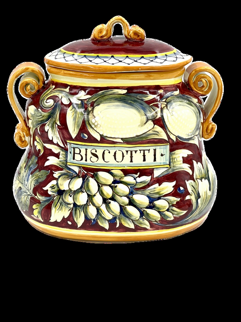 Biscotti Jar Burgundy Banner Lettering Fruit Motif Jar