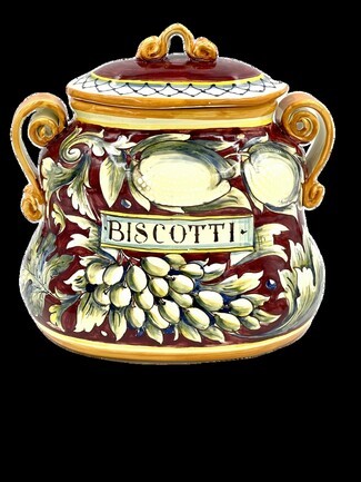 Biscotti Jar Burgundy Banner Lettering Fruit Motif Jar