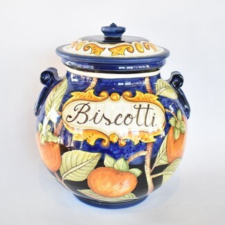 Biscotti Jar Cobalt Blue Hand Painted Fruit Canister