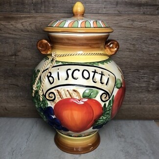 Biscotti Jar Fruit Motif Scroll Handles Artisan Jar