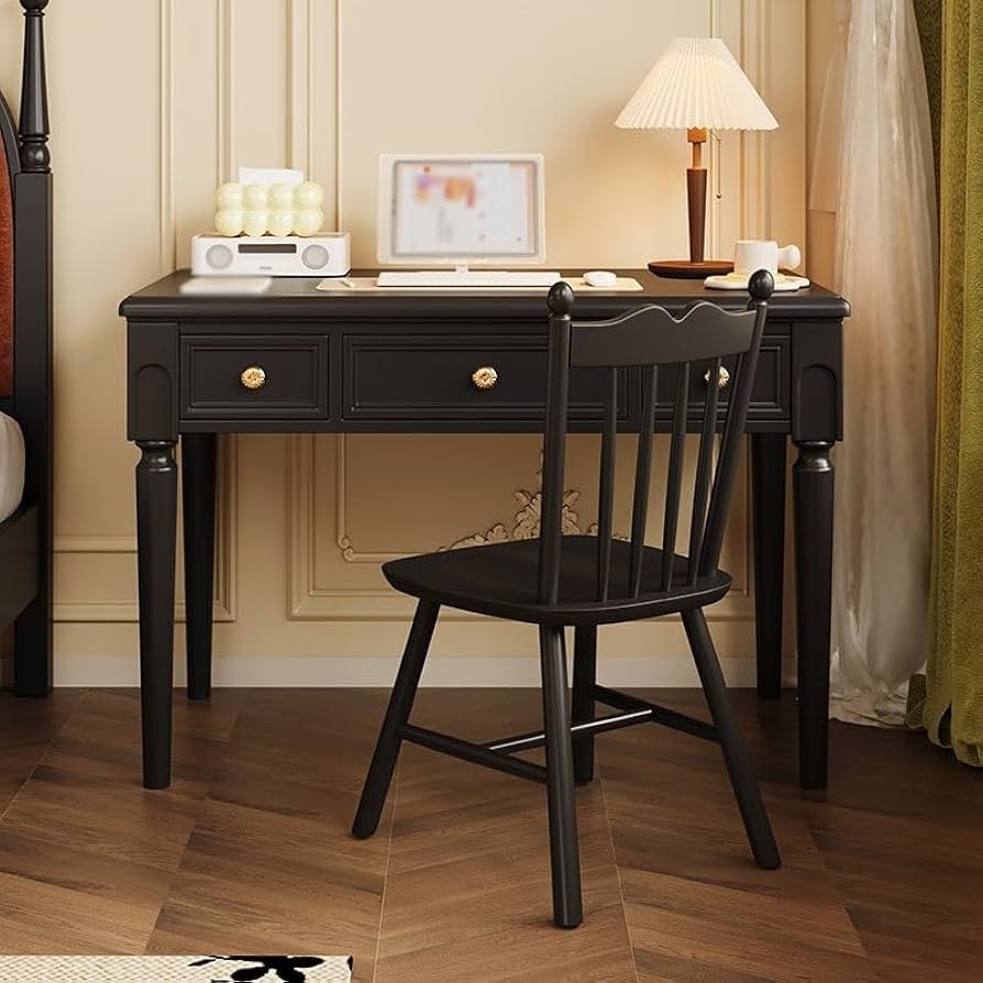 Black French Retro Desk in Matte Black with Chair