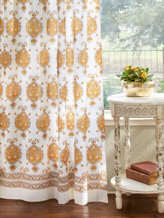 Block Print Curtains: Medallion Motif Orange Boho Drapery